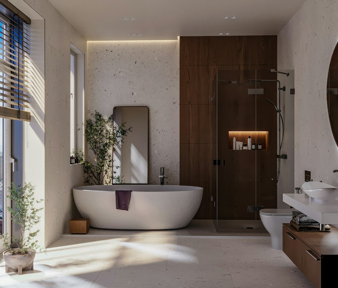 Bathroom with a tub, sink and large window